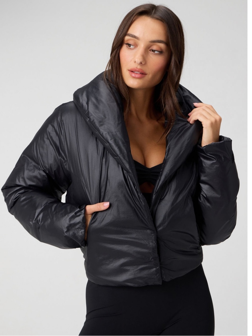 Khloe for Fabletics Black Puffer Jacket with Oversized Collar NWT XXS XS